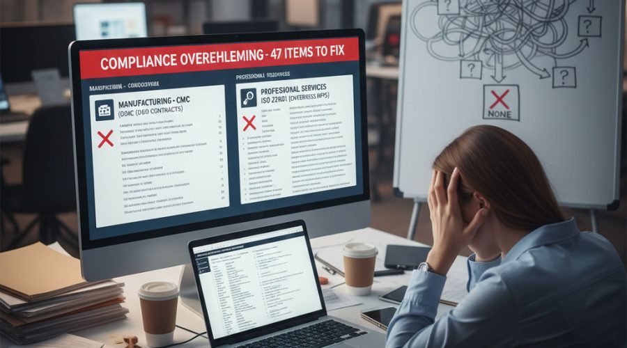 Stressed business professional reviewing “Compliance Overwhelming - 47 Items to Fix” report — McNallan Technology simplifies regulatory IT compliance for MN businesses