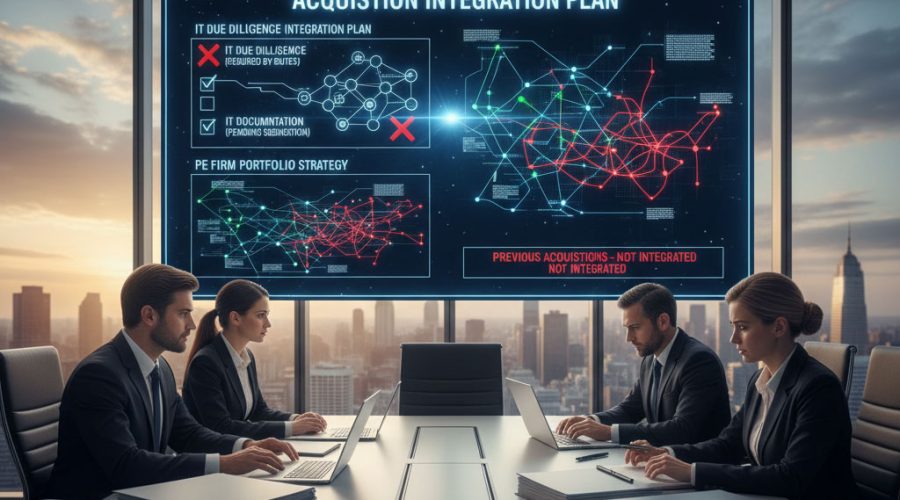 Executive team reviewing “Acquisition Integration Plan” on digital screen — enterprise-grade IT strategy and system integration services by McNallan Technology