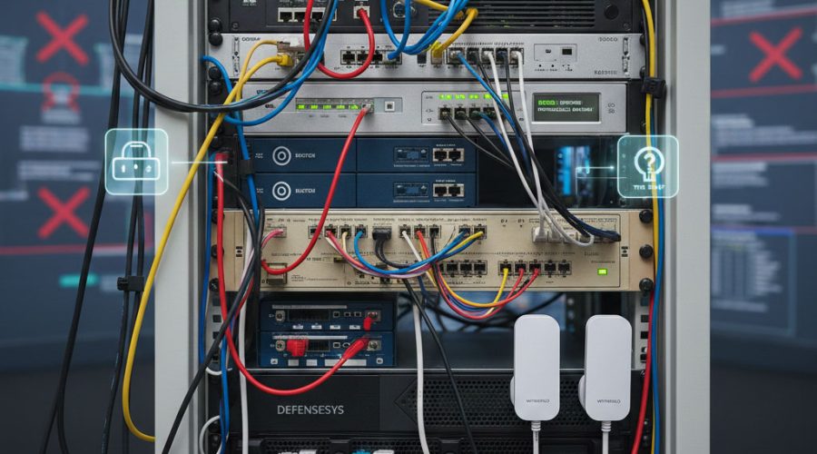 Organized server rack with labeled cables and security icons — managed infrastructure by McNallan Technology for secure, compliant Minneapolis businesses