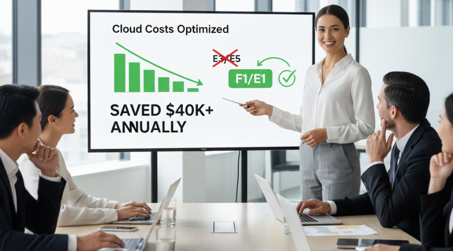Business presenter showing “Cloud Costs Optimized” with $40K+ annual savings — expert Microsoft 365 license optimization and cost reduction services by McNallan Technology MN