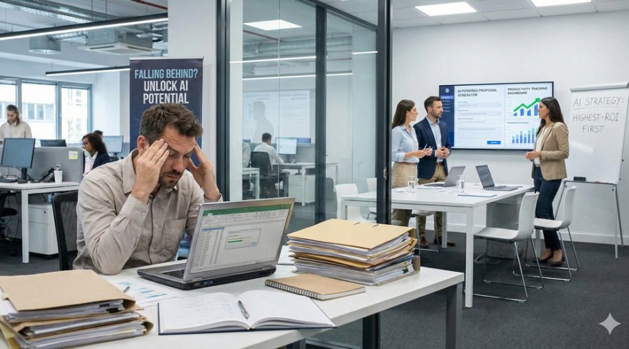 Stressed employee buried in paperwork while team presents “AI-Powered Proposal Generator” — let McNallan Technology help your MN business harness AI for productivity and growth