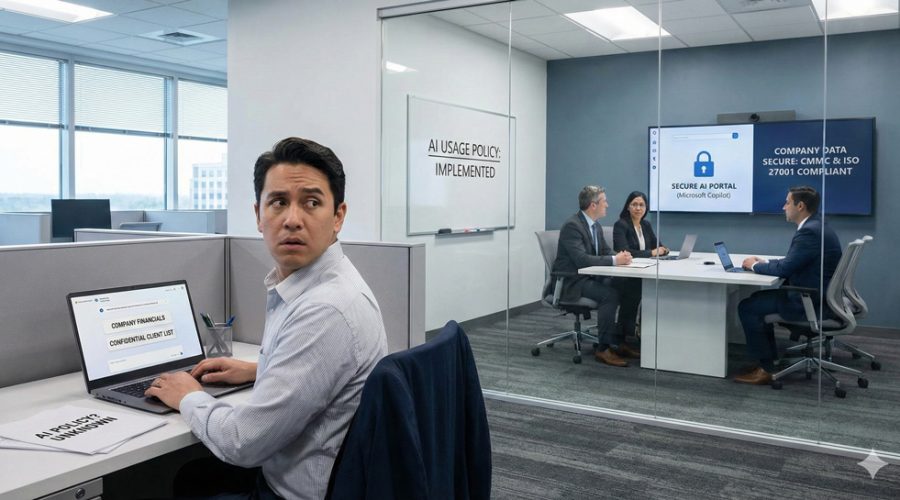 Employee looking over shoulder at laptop labeled “Company Financials” while team discusses “Secure AI Portal (Microsoft Copilot)” — governed, compliant AI strategy by McNallan Technology in Minneapolis