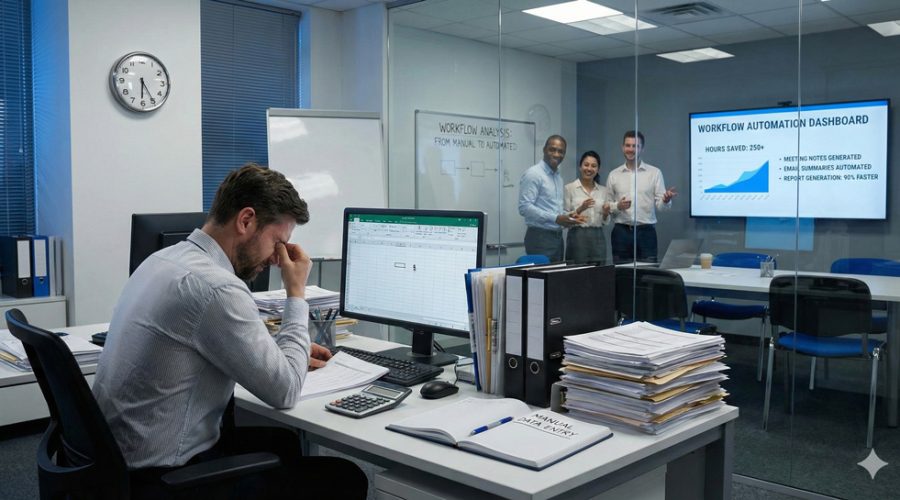 Overwhelmed worker surrounded by binders while team celebrates “Workflow Automation Dashboard” — automate reports, notes, and summaries with McNallan’s AI solutions in MN