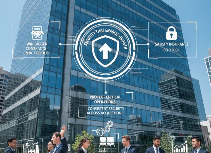 Business team outside modern office with “Security That Enables Growth” overlay — protect critical operations, satisfy insurance, and win bigger contracts with McNallan Technology’s cybersecurity solutions