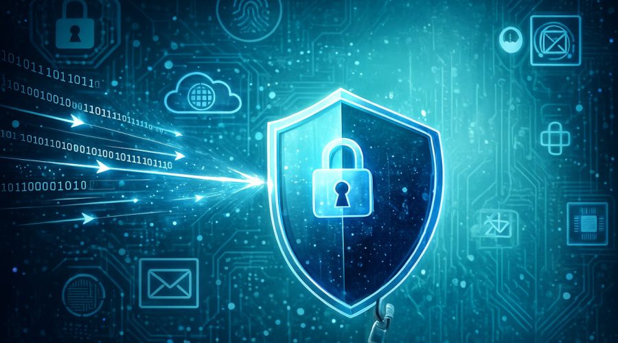 Digital shield protecting data streams over circuit board backdrop — encrypted, monitored, and compliant network security services for MN businesses by McNallan Technology