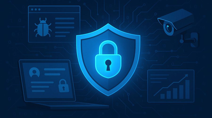 Glowing blue shield with padlock over circuit board background — comprehensive security solutions including malware protection, access control, and compliance for Twin Cities enterprises