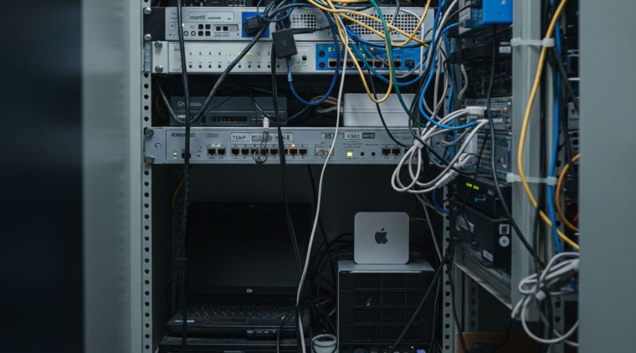 Neatly arranged server rack with labeled cables and active network gear — reliable infrastructure management by McNallan Technology for Minneapolis businesses