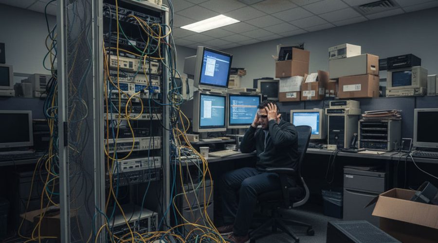 Overwhelmed IT technician surrounded by tangled cables and outdated hardware — McNallan Technology transforms messy server rooms into efficient systems in MN