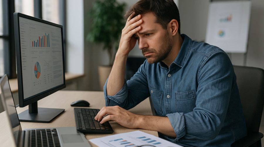 Frustrated businessman at desk with data charts and laptop — fast IT troubleshooting and support from McNallan Technology in the Twin Cities