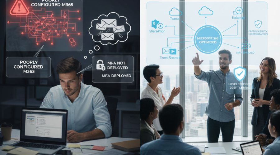 Split view: stressed employee with “Poorly Configured M365” vs. team celebrating “Microsoft 365 Optimized” — expert MFA deployment and security configuration by McNallan Technology