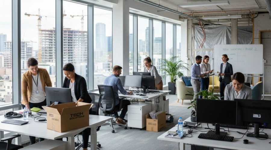 Business team setting up workstations during office move with “TECH SOLUTIONS” boxes — professional IT deployment services by McNallan Technology in Minneapolis