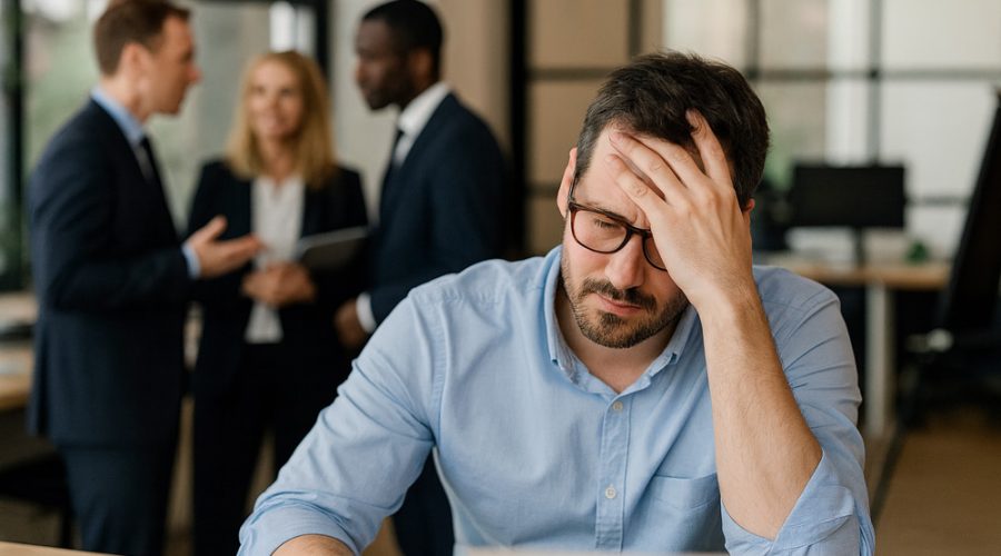 Frustrated employee holding head at desk while colleagues talk in background — proactive IT management that reduces downtime and stress for Twin Cities businesses