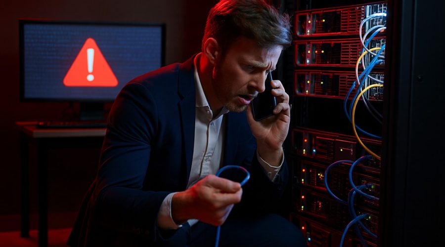 Stressed executive on phone beside server rack with red warning alert — 24/7 emergency IT support for critical system failures in Minnesota businesses