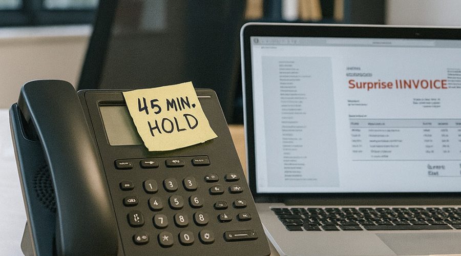 Office phone with “45 MIN. HOLD” sticky note next to laptop showing invoice — end frustrating delays with responsive, no-wait IT helpdesk services from McNallan Technology MN